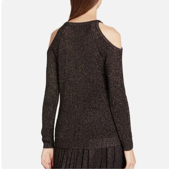 DKNY Cold Shoulder Knit Metallic Sweater Long Sleeve in Black Gold Size Medium - Picture 12 of 14